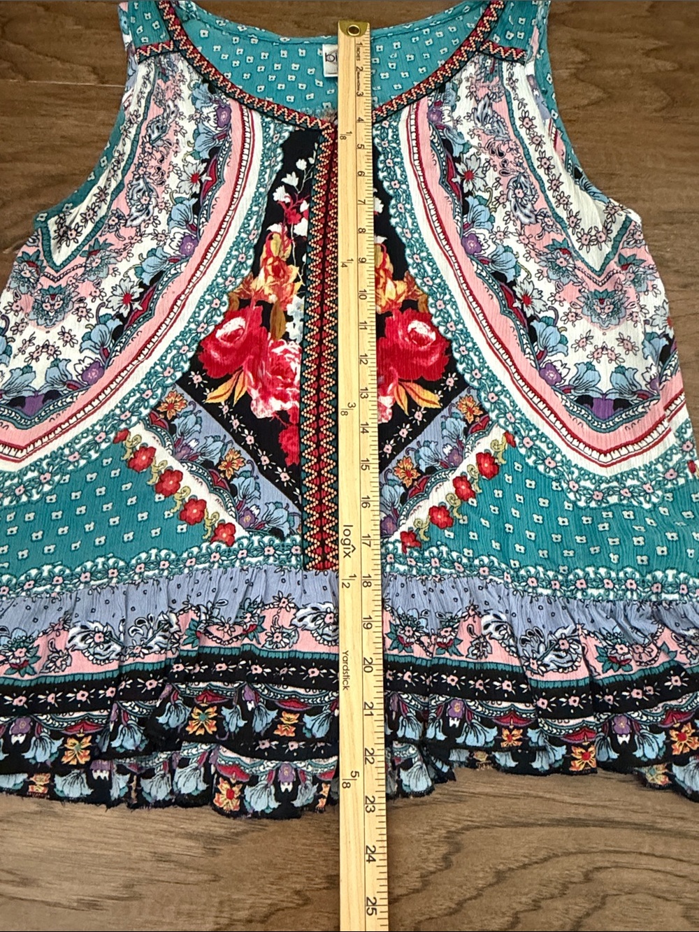 Bila Boho Floral Print Sleeveless Top in Teal with Ruffle Bottom SZ L - Picture 5 of 7